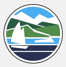Port Angeles City Logo with a stylized view of the city including its mountains, hills, water and a sailboat.