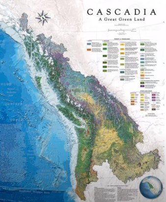 Map of Cascadia Bioregion from Alaska to Northern California and west to the Rocky Mountains.
