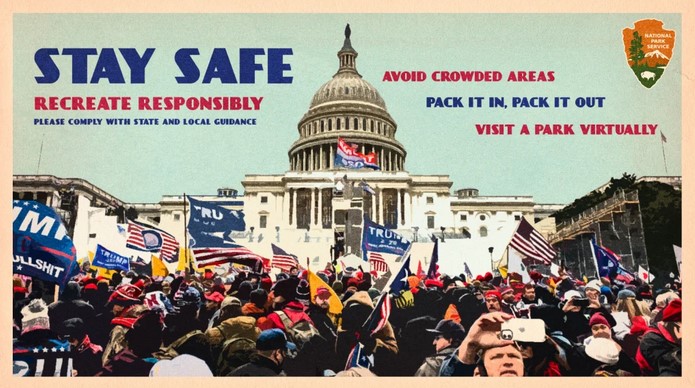 U.S. Capitol with Trump throng as antique Park Service poster, admonishing to stay safe and recreate responsibly.