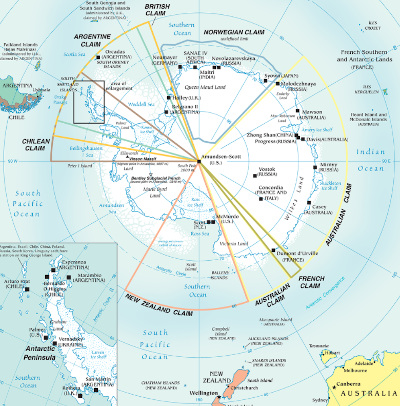 Map of Antarctica with territorial divisions.