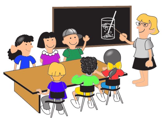 Cartoon classroom. Six students & teacher.