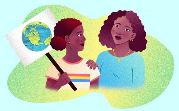 Young woman protesting, mother with hand on her shoulder.