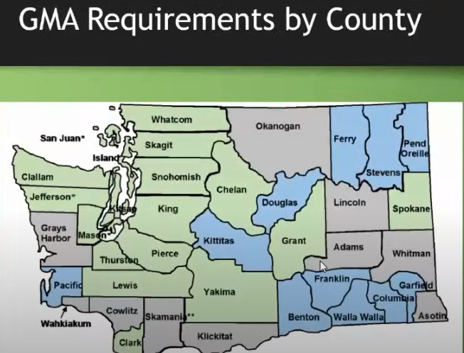 Growth Management Act map to show counties that are required to fully plan, have opted in to fully plan and Critical Area and Resource Land (CARL) counties.