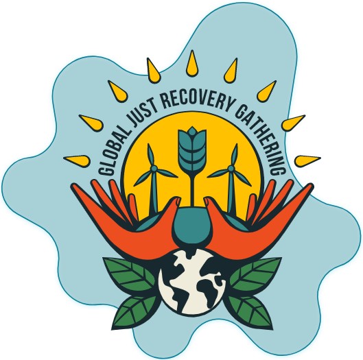 Global Just Recovery Gathering logo. Earth, hands, windmills.