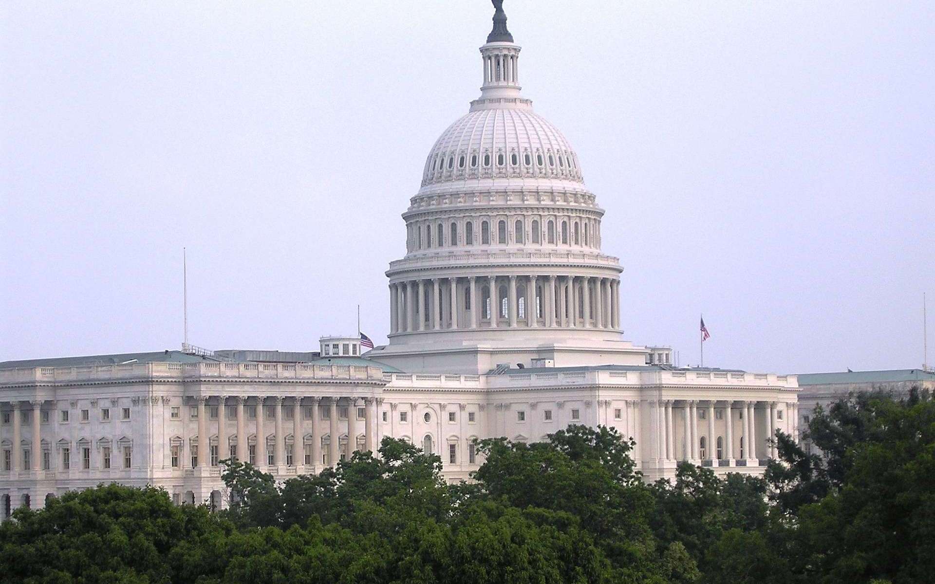 U.S. Capitol from the corner with trees in the foreground.