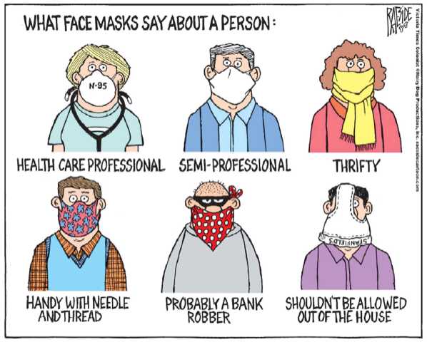 Six cartoon drawings about masks.