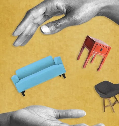 Representative Couch, Table, Chair- Falling from one open hand to another.