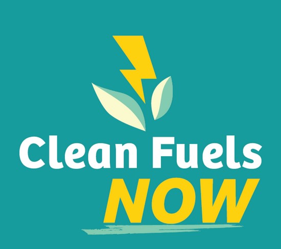 Clean Fuels Now. Cartoon of lightning striking tow leaves.