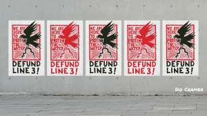 By Dio Cramer. Defund LIne 3! posters in alternating colors on a concrete wall.