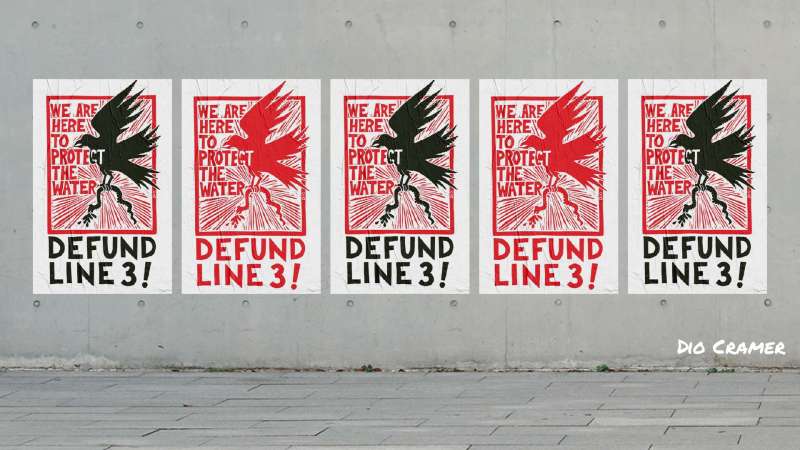 By Dio Cramer. Defund LIne 3! posters in alternating colors on a concrete wall.