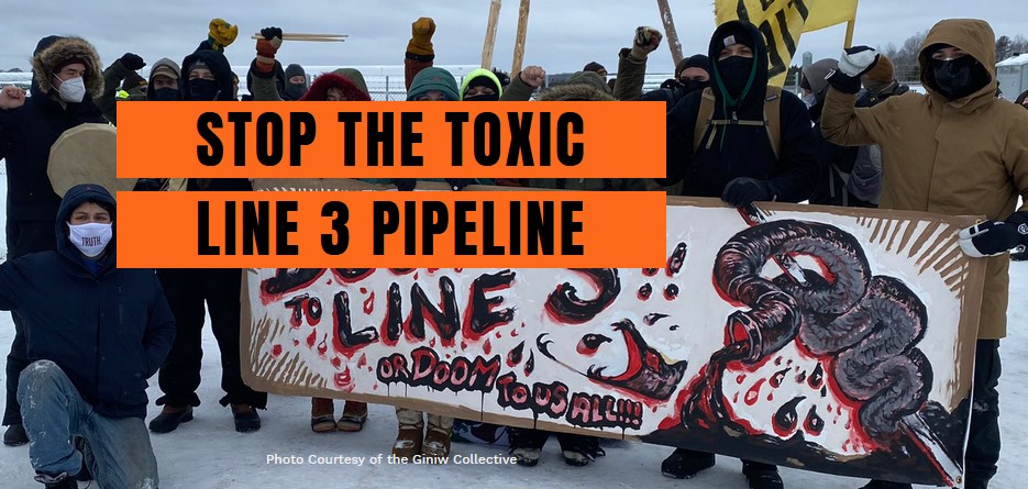 Stop the toxic Line 3 Pipeline. Bundled demonstrators in the snow, holding a banner.