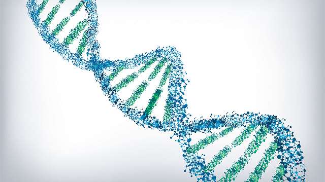 Computer graphic image of DNA strand in Blue and Green.