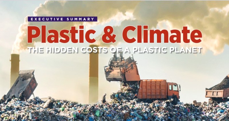 Plastic & Climate: The Hidden Costs of a Plastic Planet. Garbage trucks disgorging trash onto a massive pile, in front of smoking stacks.