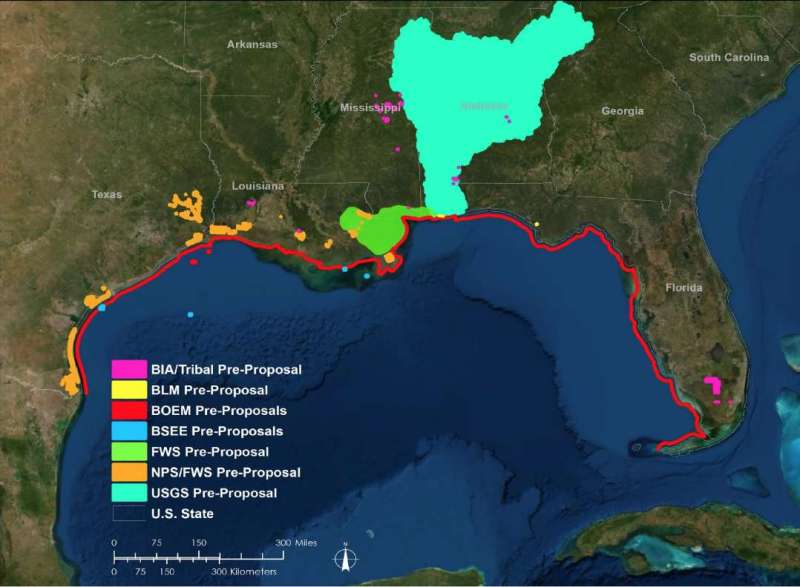 Map of Six Tribal youth projects. SW U.S. coastline and most of Alabama.