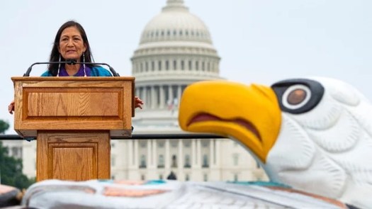 Interior Secretary Deb Haaland & Lummi Totem Pole with Capital Building in Background.