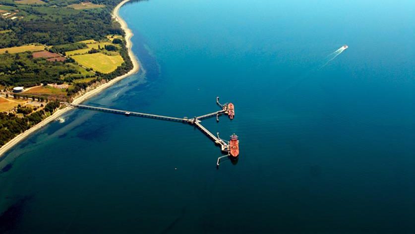 Aerial photo of Cherry Point Oil Refinery docks in Whatcom County, WA.