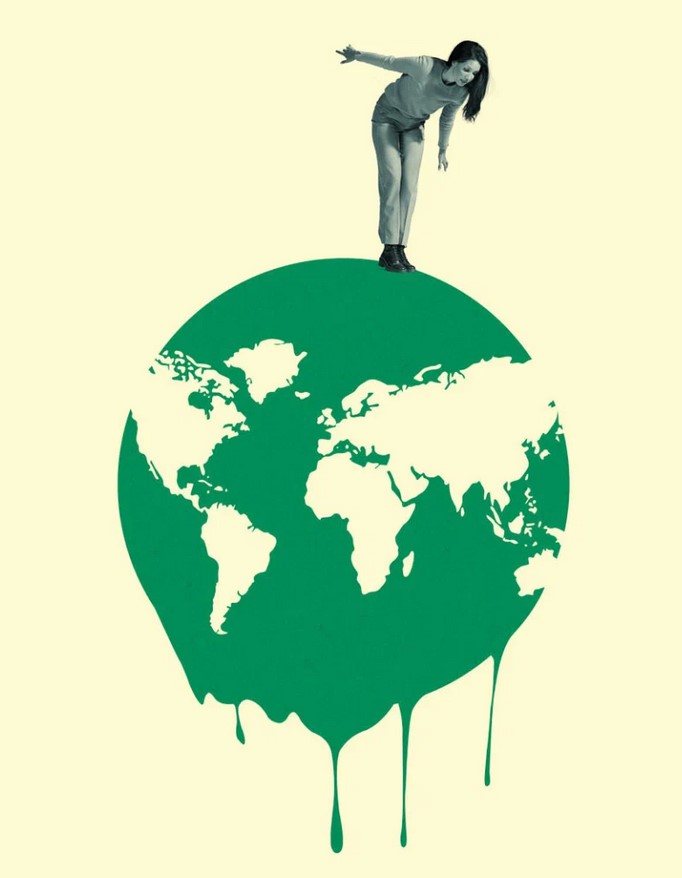 Girl on top of the world, peering over the edge to see it melting from the bottom.