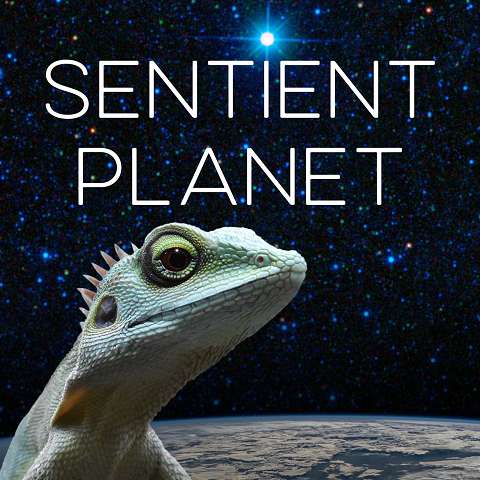 Sentient Planet - A green lizard with earth and space as backtground.