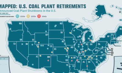 Road to Decarbonization: U.S. Coal Plant Closures - U.S. Map with plants marked.