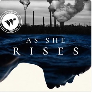 Factories spewing smoke above water with outline of a woman's face in profile .