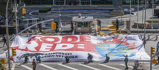 Code Red banner in the street in front of the UN, NYC.
