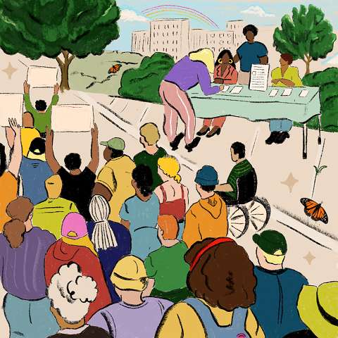 Theory of Change-Crowd of People holding signs and signing petitions. 