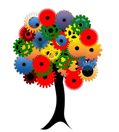 Tree with gears for leaves representing zeitgeist.