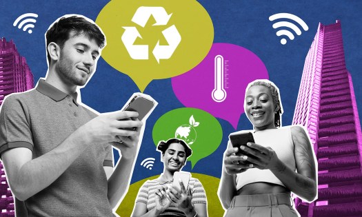 Three people looking at their cell phones collecting data.