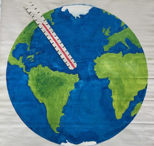 Painting of the world with thermometer by Dan Burdick