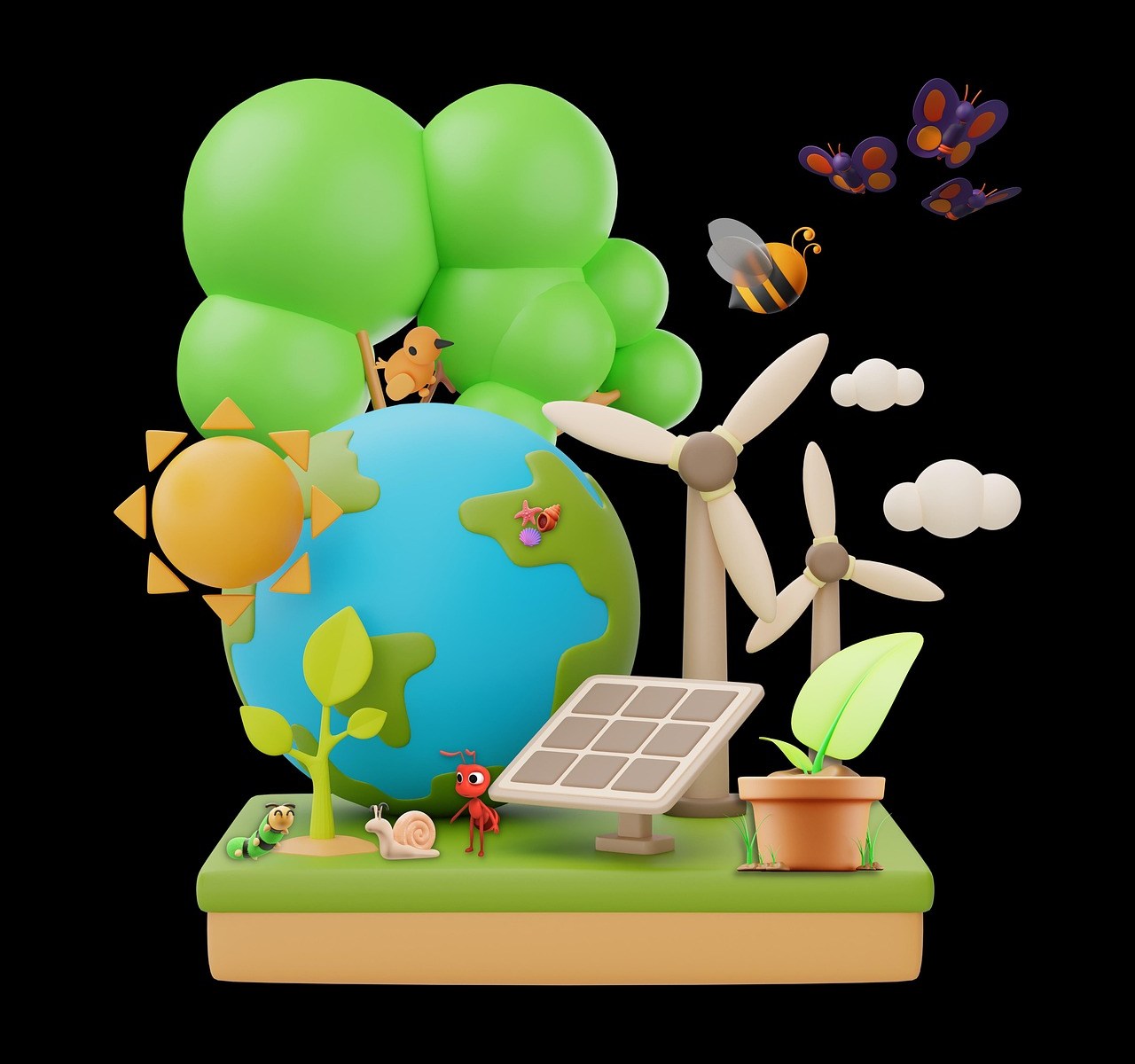 Fanciful drawing of various clean-energy technologies